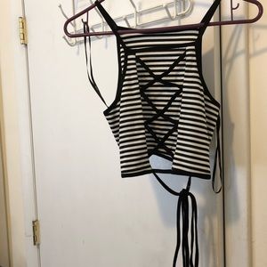 Cropped Black and White Tank with Lace Up in Back!